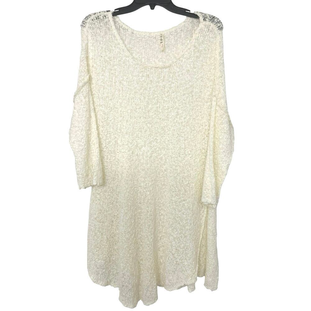 POL Cotton Blend Cream Open Knit Asymmetrical Hem Beachy Longline Tunic Top L